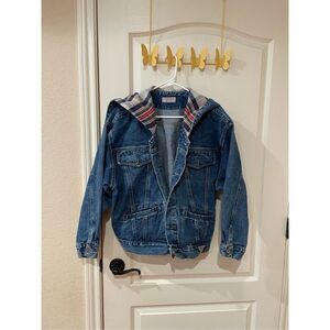 Vintage 80s Guess Jeans Denim Button Down Jacket with Plaid Collar size Large